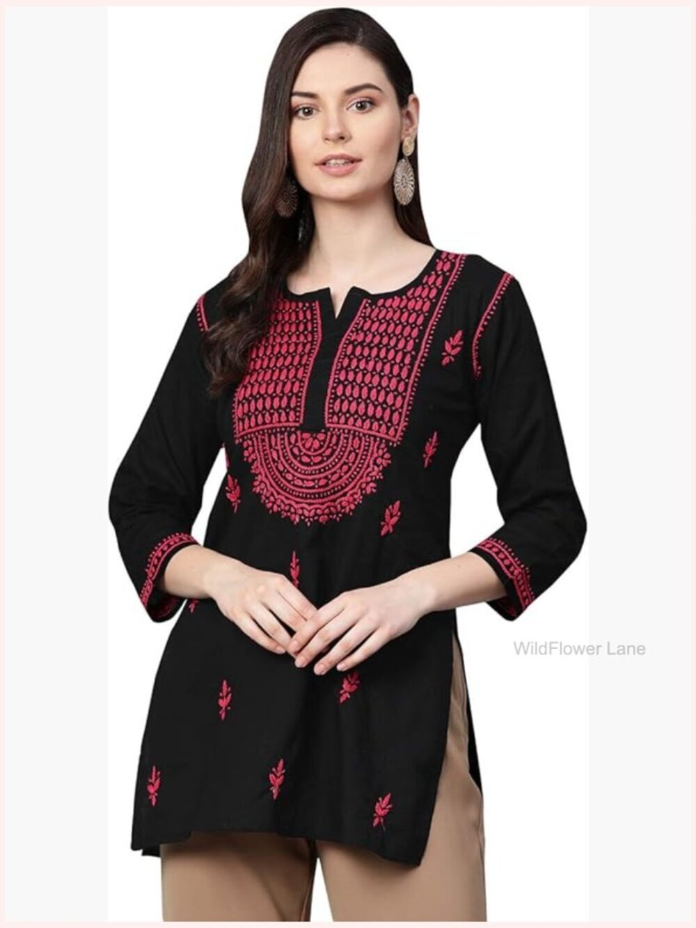 Hand Embroidered Chikankari Cotton Tunic Top Blouse Shirt